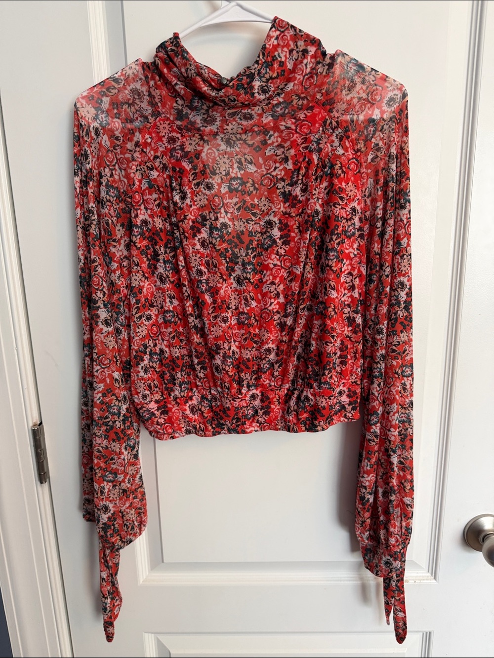 Free People Long Sleeve Crop Top Orange Floral Heart Cutout Back Tie Cuffs S